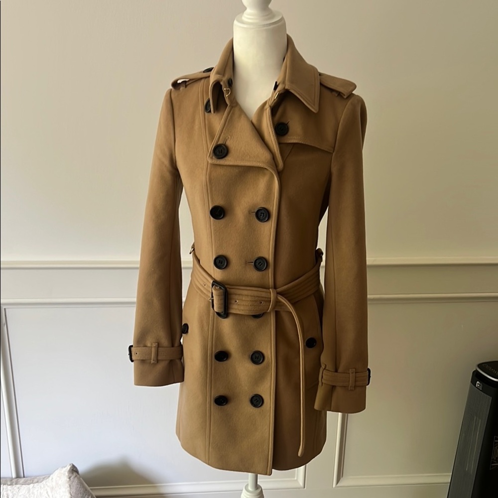 Burberry Tan Trench Coat with Epaulettes and Notched Lapels